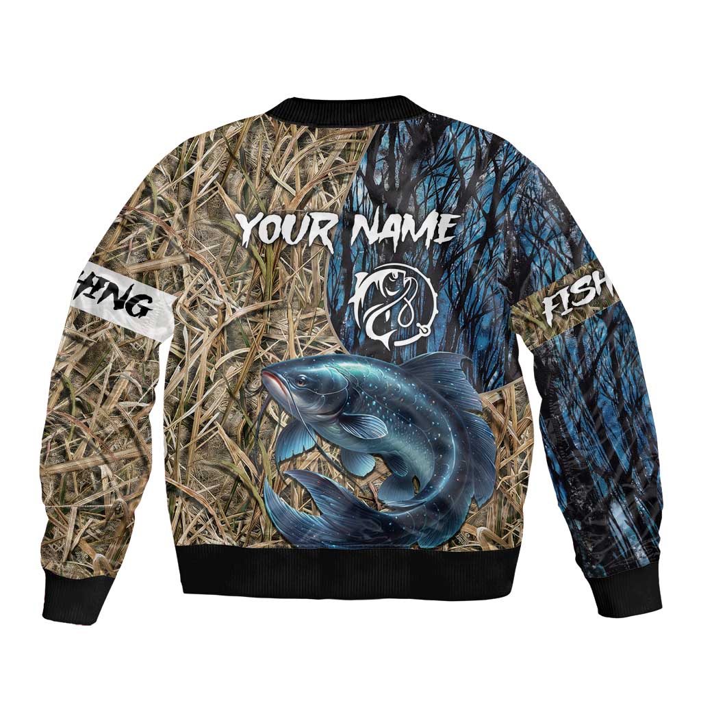 Catfish Fishing Personalized Bomber Jacket Blue Bass and Camo Reeds Background - Wonder Print Shop