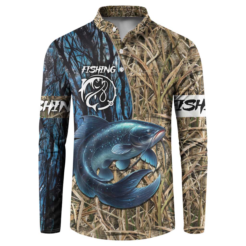 Catfish Fishing Personalized Button Sweatshirt Blue Bass and Camo Reeds Background - Wonder Print Shop