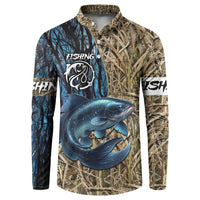 Catfish Fishing Personalized Button Sweatshirt Blue Bass and Camo Reeds Background - Wonder Print Shop