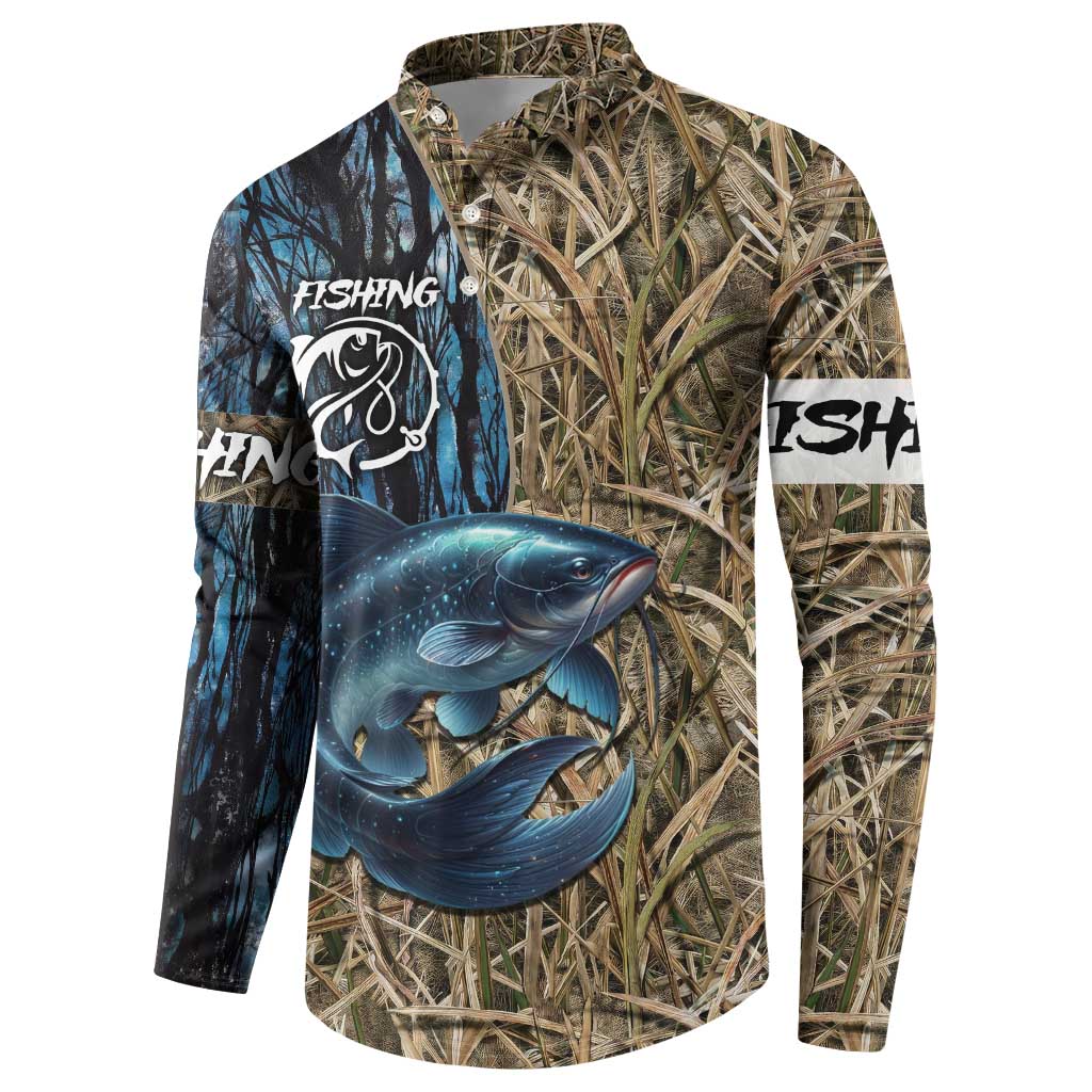 Catfish Fishing Personalized Button Sweatshirt Blue Bass and Camo Reeds Background - Wonder Print Shop