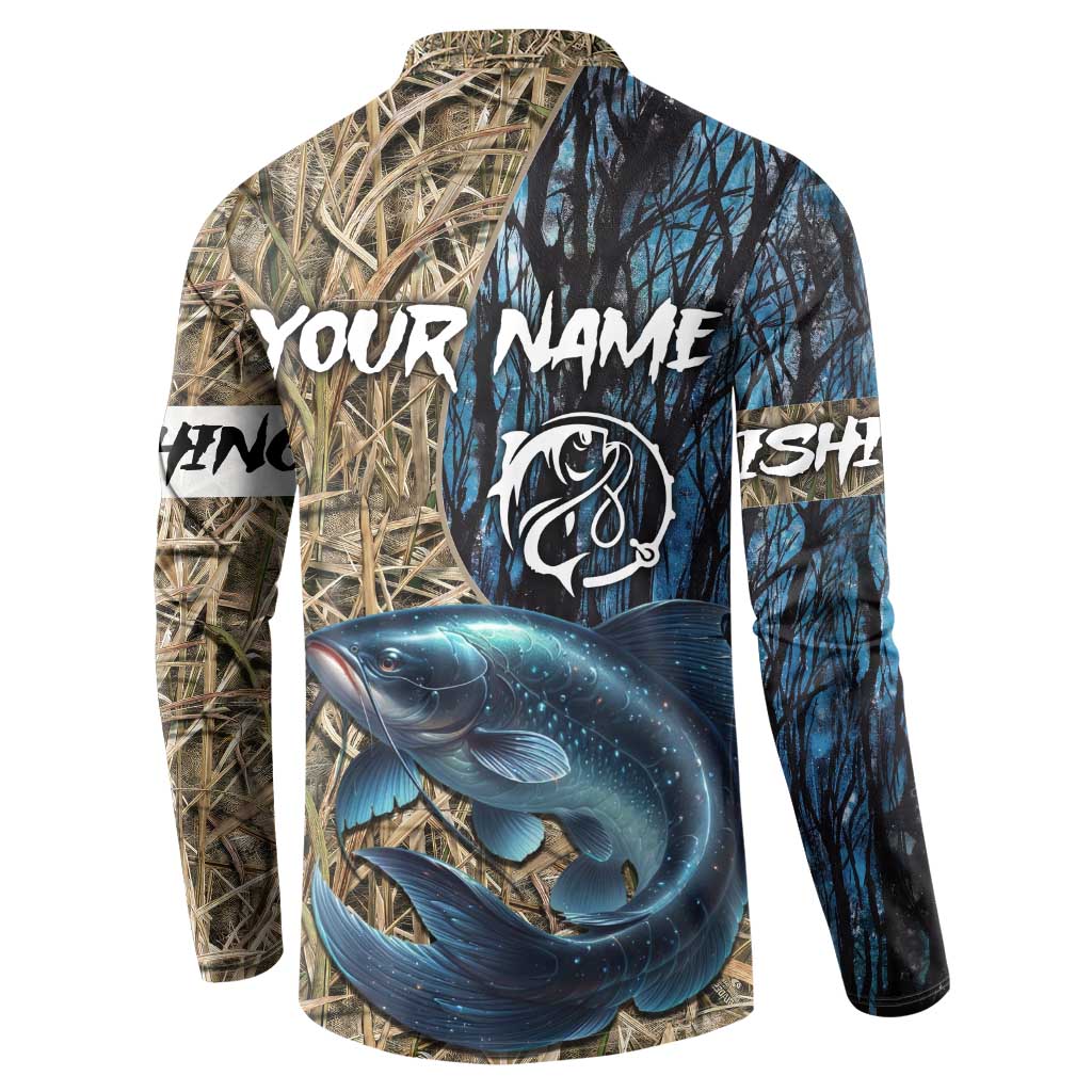 Catfish Fishing Personalized Button Sweatshirt Blue Bass and Camo Reeds Background - Wonder Print Shop