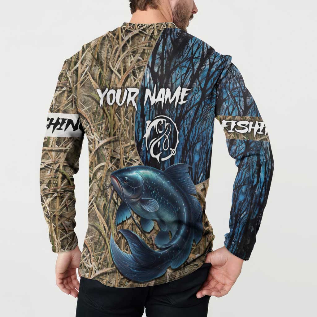 Catfish Fishing Personalized Button Sweatshirt Blue Bass and Camo Reeds Background - Wonder Print Shop