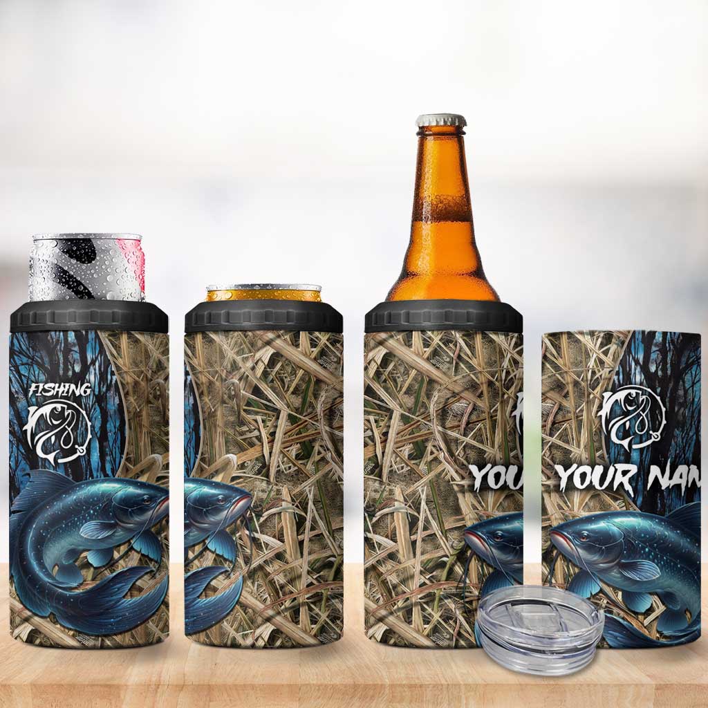 Catfish Fishing Personalized 4 in 1 Can Cooler Tumbler Blue Bass and Camo Reeds Background - Wonder Print Shop