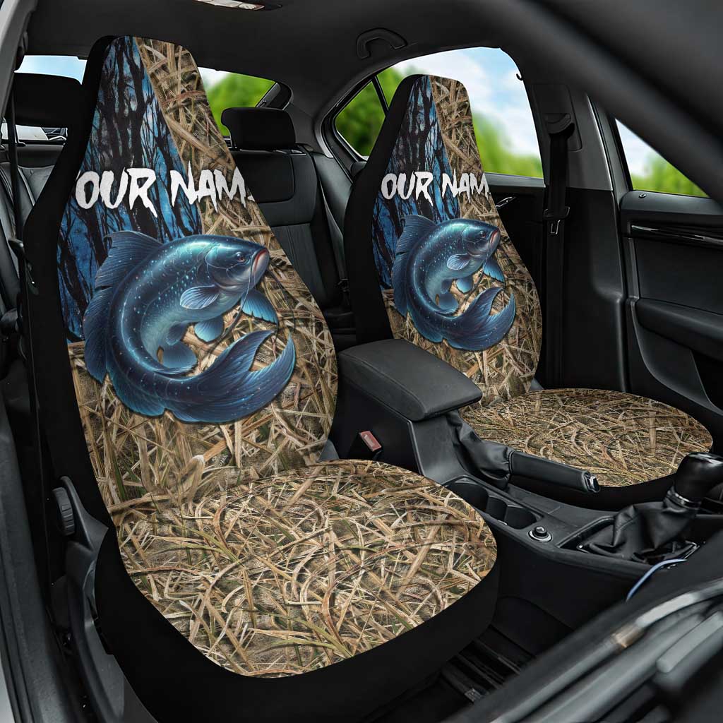 Catfish Fishing Personalized Car Seat Cover Blue Bass and Camo Reeds Background - Wonder Print Shop