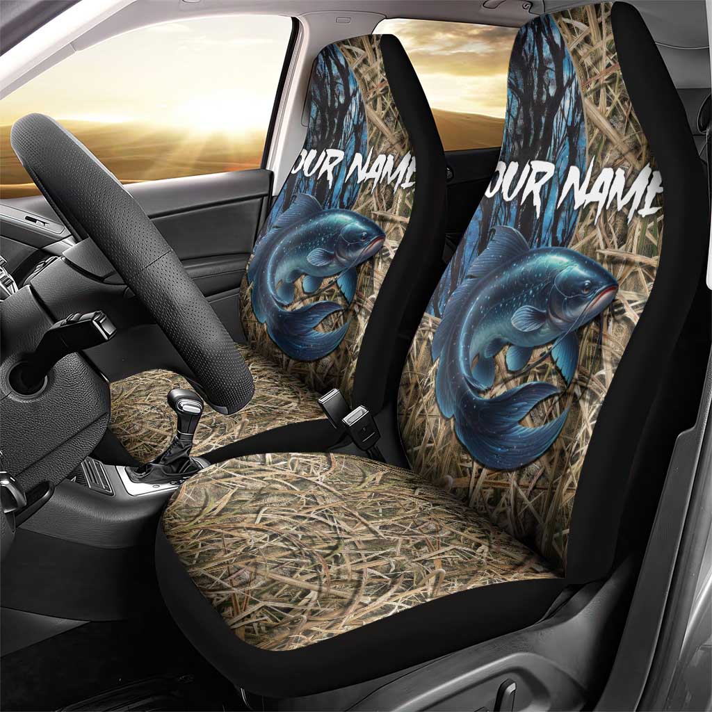 Catfish Fishing Personalized Car Seat Cover Blue Bass and Camo Reeds Background - Wonder Print Shop