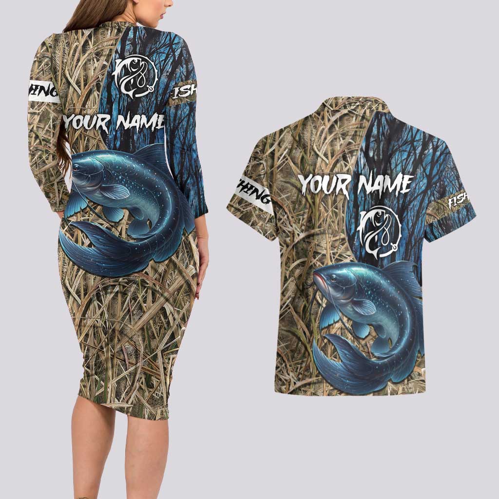 Catfish Fishing Personalized Couples Matching Long Sleeve Bodycon Dress and Hawaiian Shirt Blue Bass and Camo Reeds Background - Wonder Print Shop