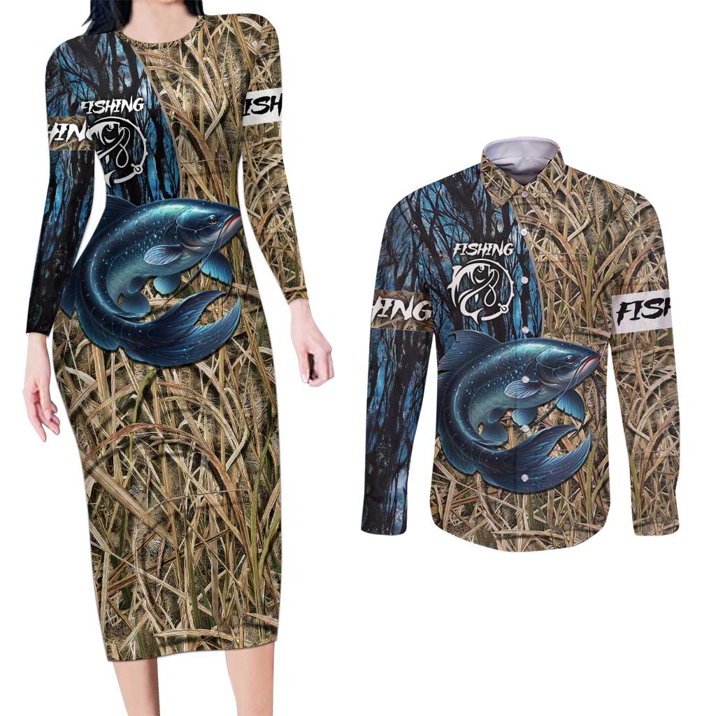 Catfish Fishing Personalized Couples Matching Long Sleeve Bodycon Dress and Long Sleeve Button Shirt Blue Bass and Camo Reeds Background - Wonder Print Shop