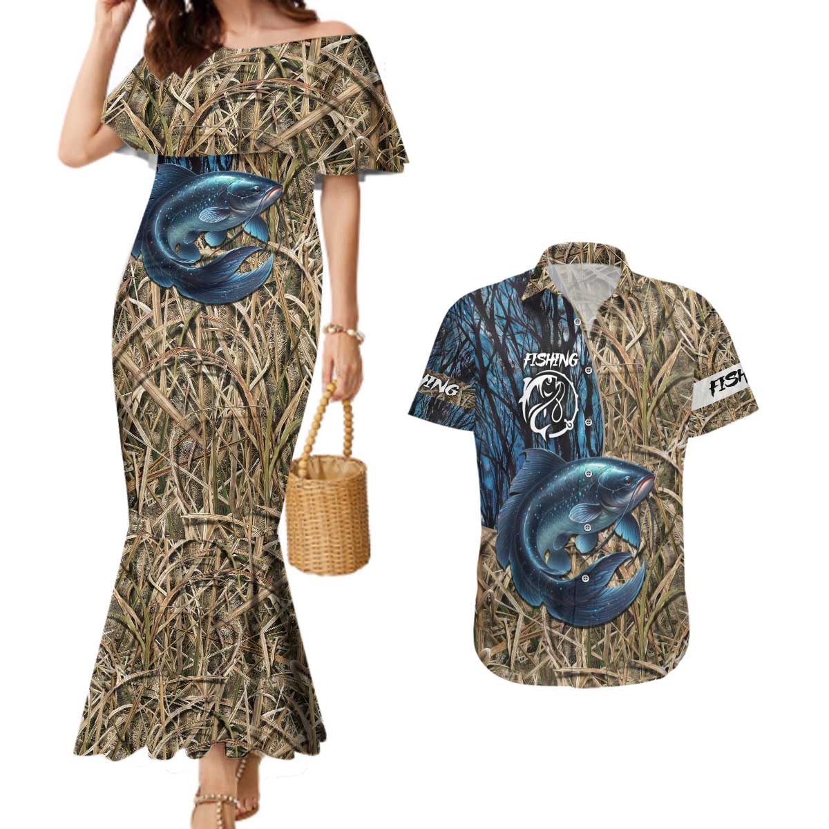 Catfish Fishing Personalized Couples Matching Mermaid Dress and Hawaiian Shirt Blue Bass and Camo Reeds Background - Wonder Print Shop