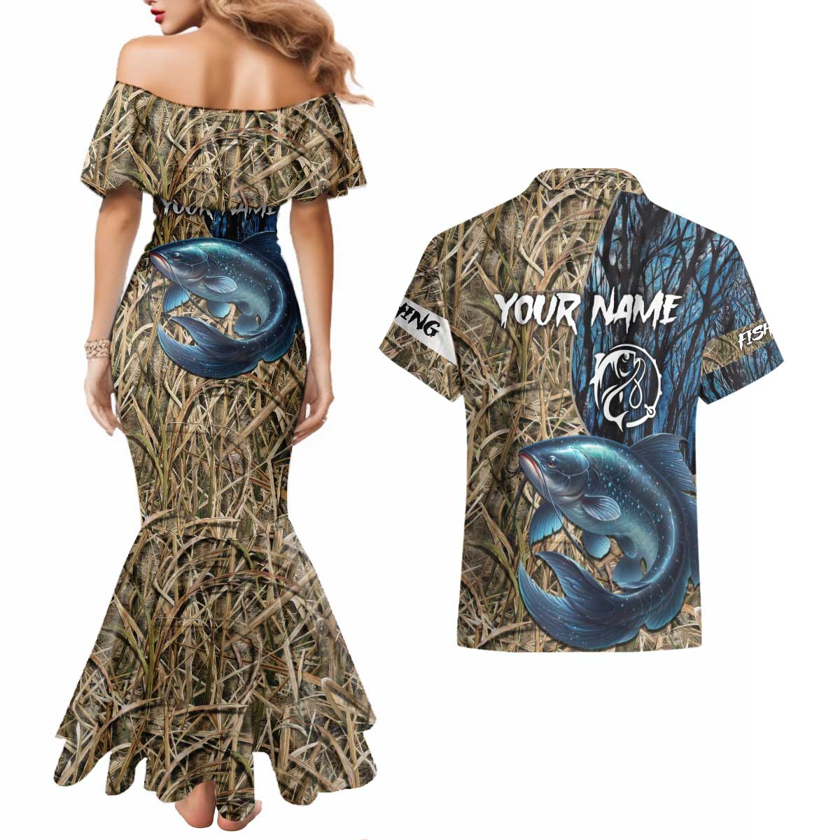 Catfish Fishing Personalized Couples Matching Mermaid Dress and Hawaiian Shirt Blue Bass and Camo Reeds Background - Wonder Print Shop