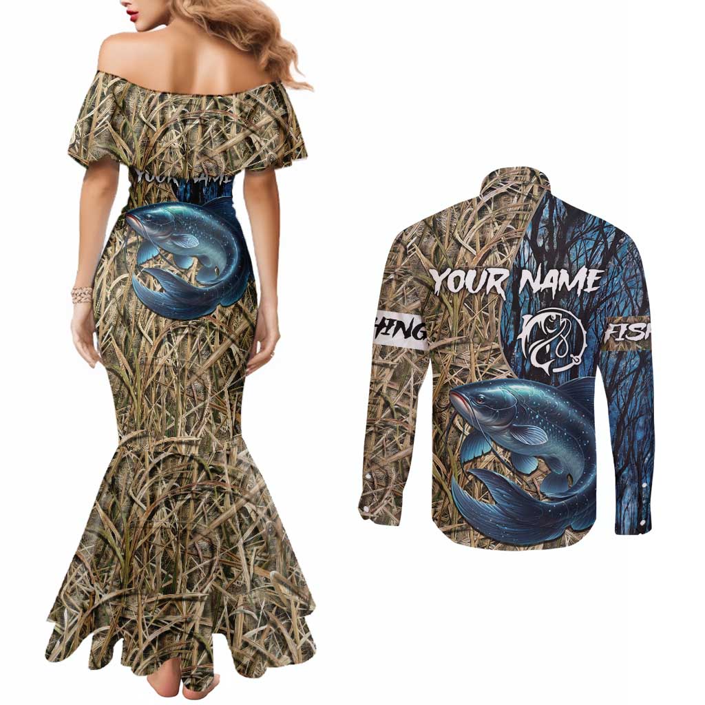 Catfish Fishing Personalized Couples Matching Mermaid Dress and Long Sleeve Button Shirt Blue Bass and Camo Reeds Background - Wonder Print Shop
