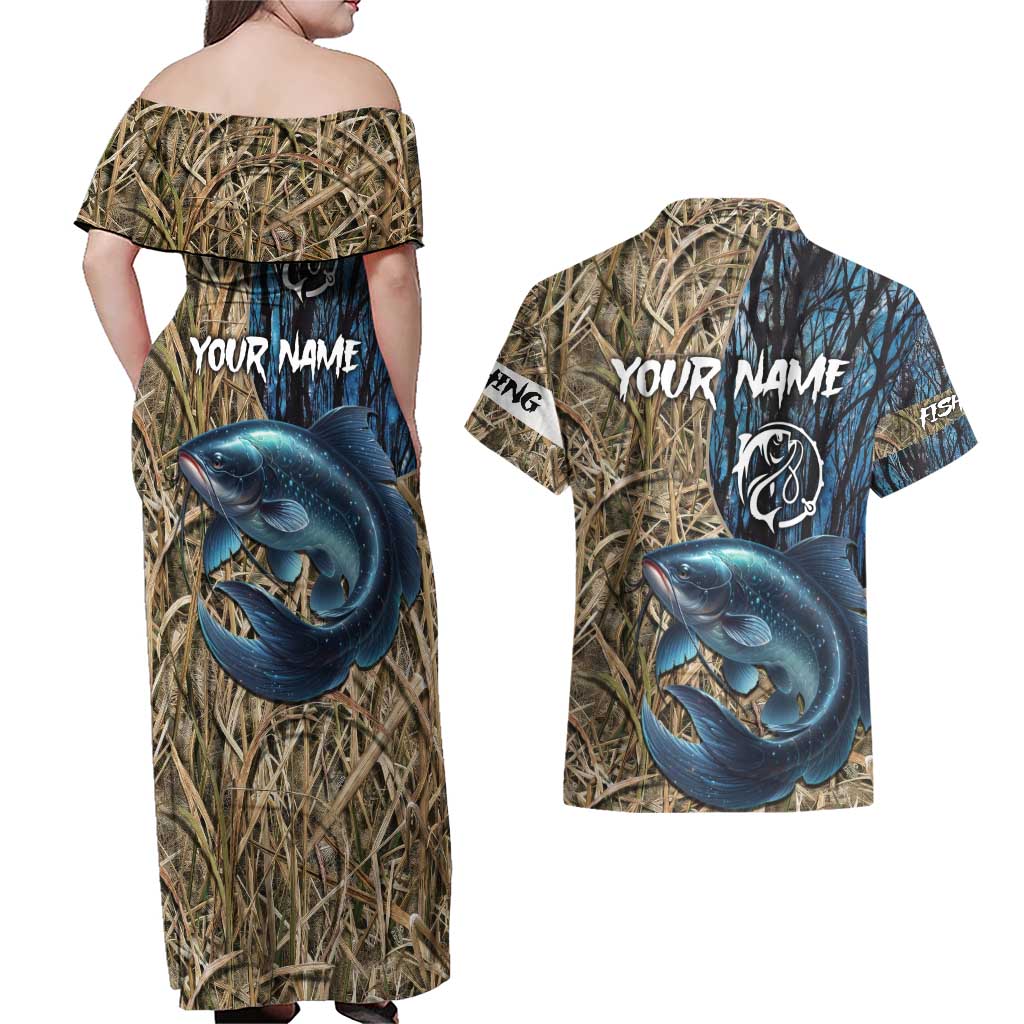 Catfish Fishing Personalized Couples Matching Off Shoulder Maxi Dress and Hawaiian Shirt Blue Bass and Camo Reeds Background - Wonder Print Shop