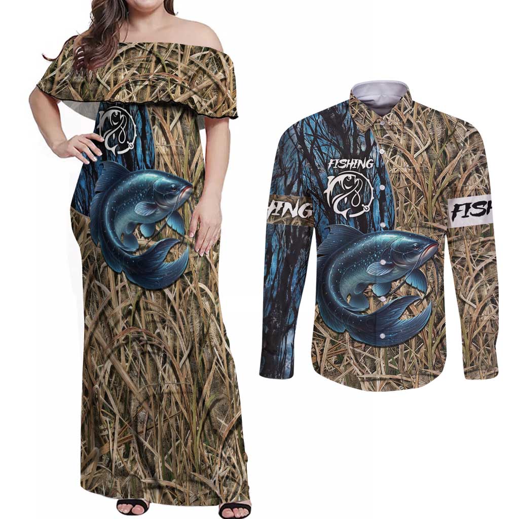 Catfish Fishing Personalized Couples Matching Off Shoulder Maxi Dress and Long Sleeve Button Shirt Blue Bass and Camo Reeds Background - Wonder Print Shop