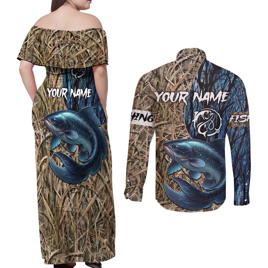 Catfish Fishing Personalized Couples Matching Off Shoulder Maxi Dress and Long Sleeve Button Shirt Blue Bass and Camo Reeds Background - Wonder Print Shop