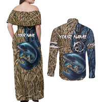 Catfish Fishing Personalized Couples Matching Off Shoulder Maxi Dress and Long Sleeve Button Shirt Blue Bass and Camo Reeds Background - Wonder Print Shop
