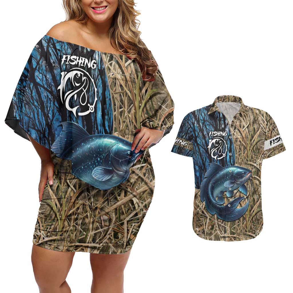 Catfish Fishing Personalized Couples Matching Off Shoulder Short Dress and Hawaiian Shirt Blue Bass and Camo Reeds Background - Wonder Print Shop