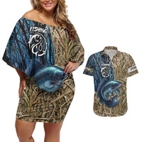 Catfish Fishing Personalized Couples Matching Off Shoulder Short Dress and Hawaiian Shirt Blue Bass and Camo Reeds Background - Wonder Print Shop