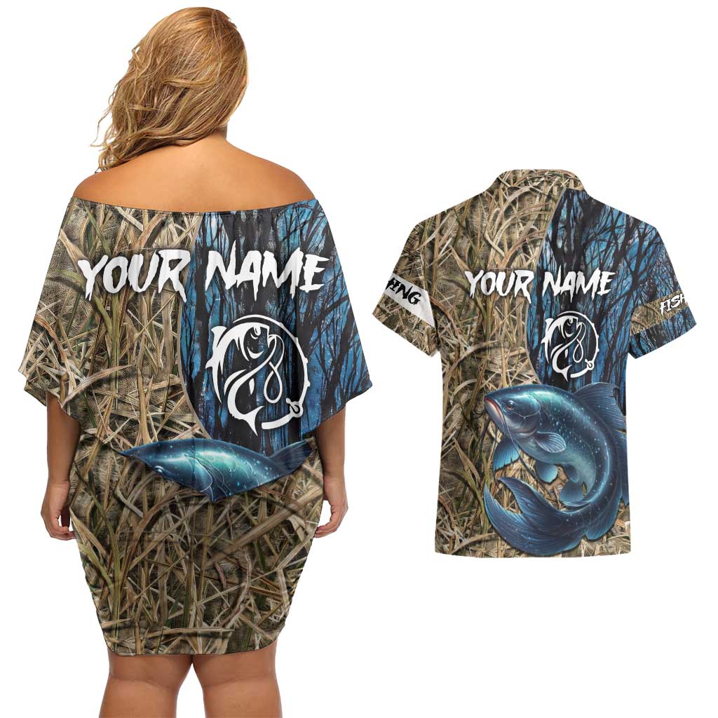 Catfish Fishing Personalized Couples Matching Off Shoulder Short Dress and Hawaiian Shirt Blue Bass and Camo Reeds Background - Wonder Print Shop