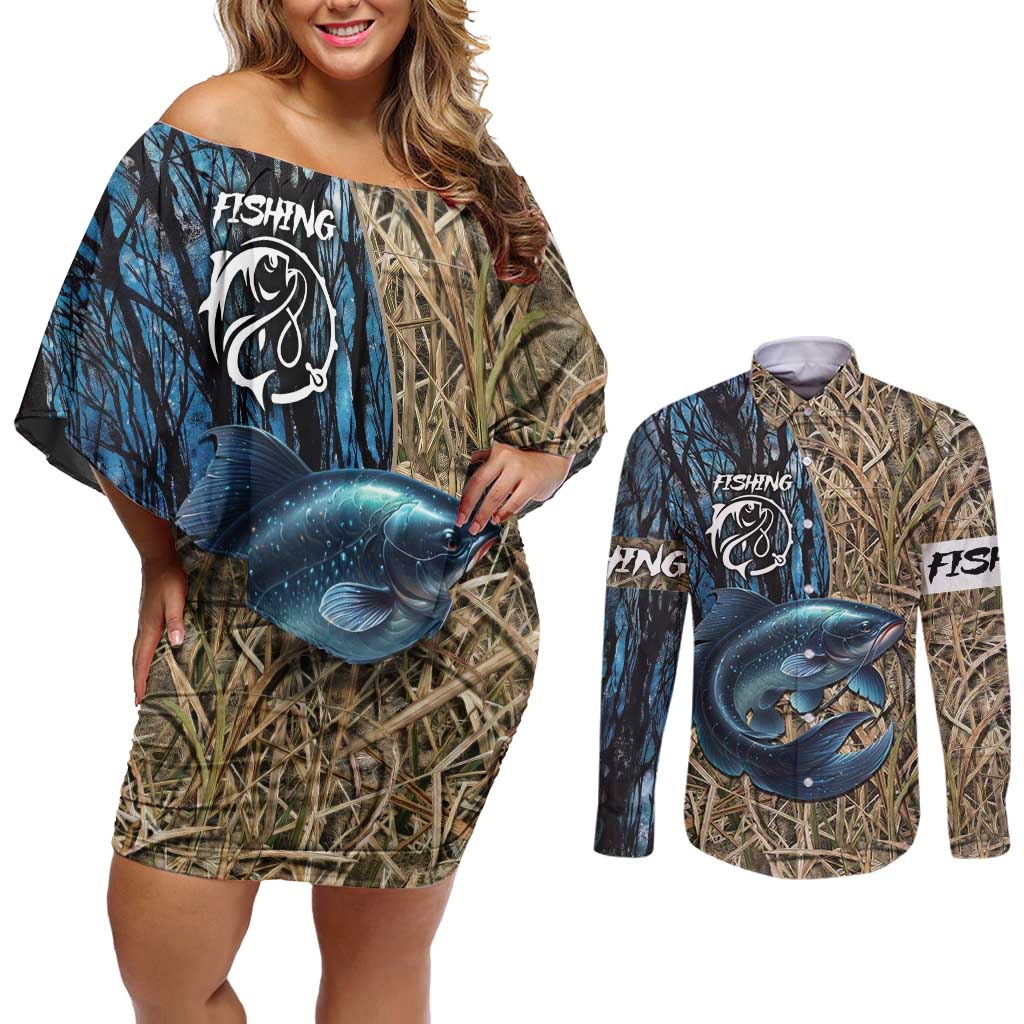 Catfish Fishing Personalized Couples Matching Off Shoulder Short Dress and Long Sleeve Button Shirt Blue Bass and Camo Reeds Background - Wonder Print Shop