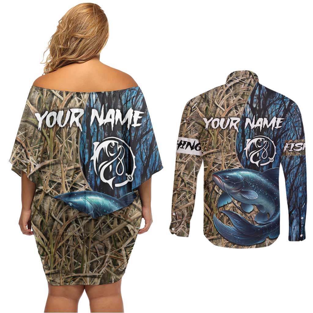 Catfish Fishing Personalized Couples Matching Off Shoulder Short Dress and Long Sleeve Button Shirt Blue Bass and Camo Reeds Background - Wonder Print Shop