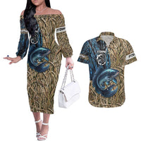Catfish Fishing Personalized Couples Matching Off The Shoulder Long Sleeve Dress and Hawaiian Shirt Blue Bass and Camo Reeds Background - Wonder Print Shop