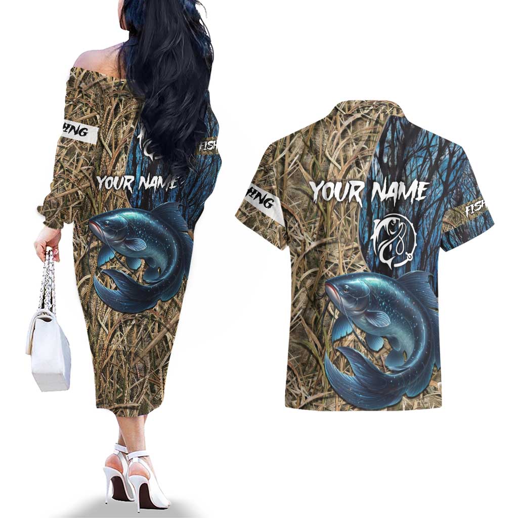 Catfish Fishing Personalized Couples Matching Off The Shoulder Long Sleeve Dress and Hawaiian Shirt Blue Bass and Camo Reeds Background - Wonder Print Shop