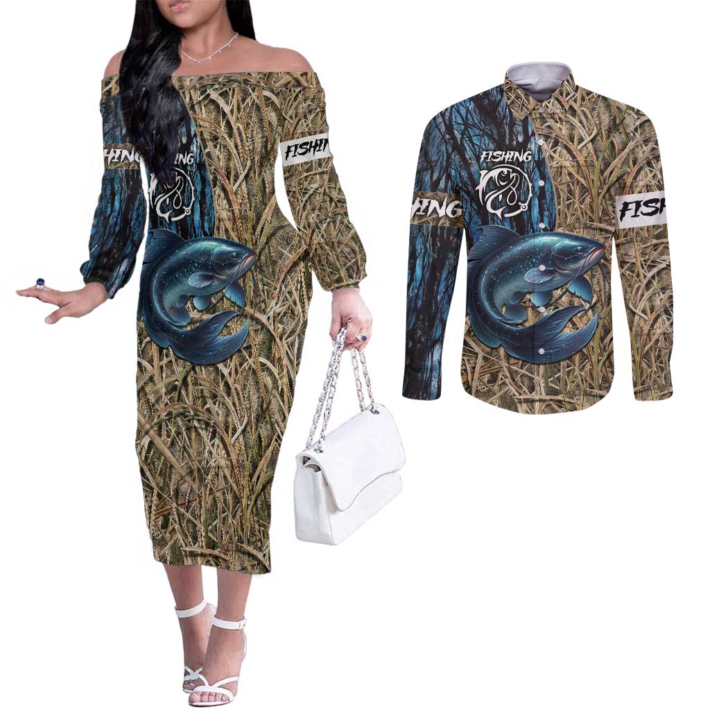 Catfish Fishing Personalized Couples Matching Off The Shoulder Long Sleeve Dress and Long Sleeve Button Shirt Blue Bass and Camo Reeds Background - Wonder Print Shop