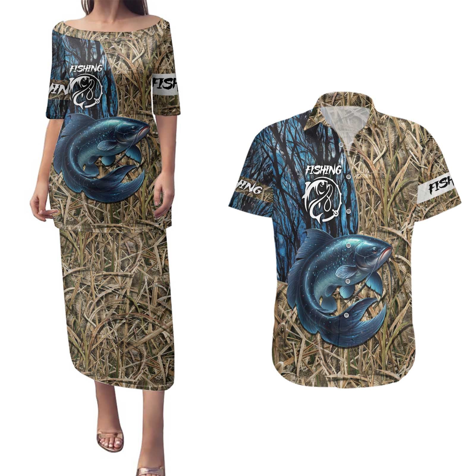 Catfish Fishing Personalized Couples Matching Puletasi and Hawaiian Shirt Blue Bass and Camo Reeds Background - Wonder Print Shop