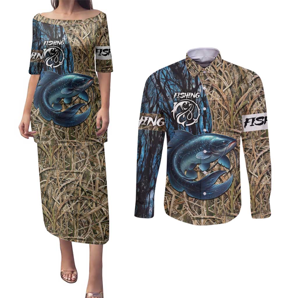 Catfish Fishing Personalized Couples Matching Puletasi and Long Sleeve Button Shirt Blue Bass and Camo Reeds Background - Wonder Print Shop