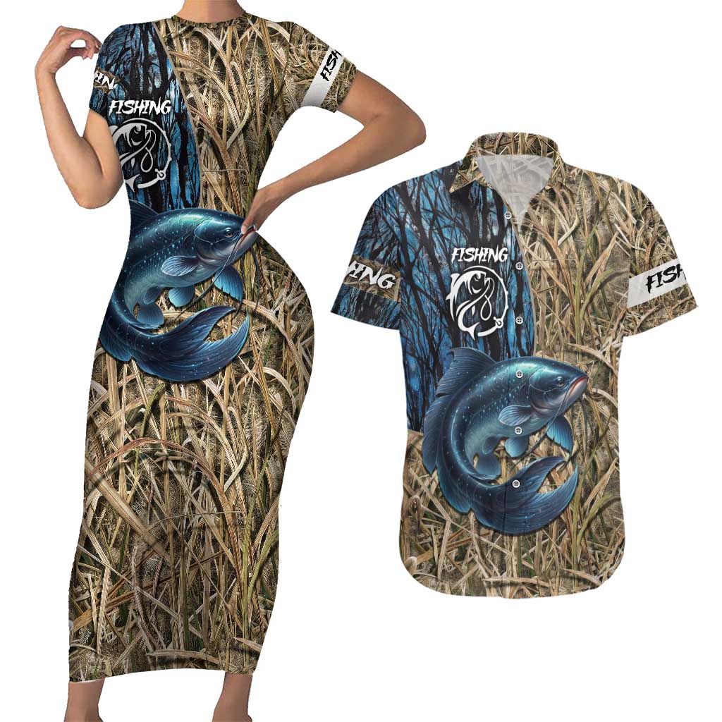 Catfish Fishing Personalized Couples Matching Short Sleeve Bodycon Dress and Hawaiian Shirt Blue Bass and Camo Reeds Background - Wonder Print Shop
