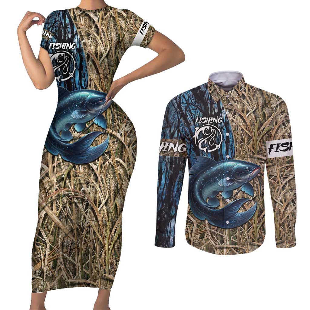 Catfish Fishing Personalized Couples Matching Short Sleeve Bodycon Dress and Long Sleeve Button Shirt Blue Bass and Camo Reeds Background - Wonder Print Shop