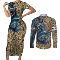 Catfish Fishing Personalized Couples Matching Short Sleeve Bodycon Dress and Long Sleeve Button Shirt Blue Bass and Camo Reeds Background - Wonder Print Shop