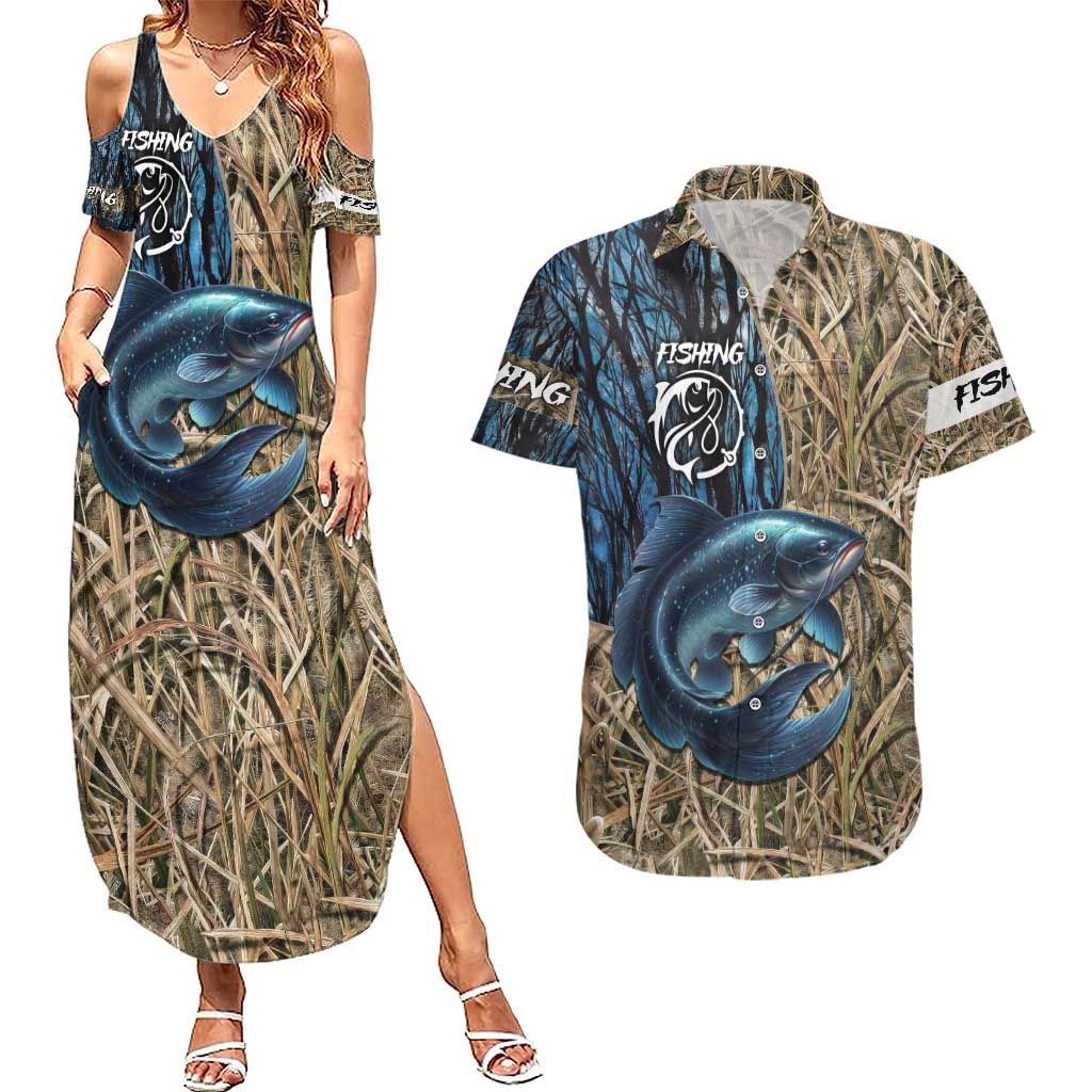 Catfish Fishing Personalized Couples Matching Summer Maxi Dress and Hawaiian Shirt Blue Bass and Camo Reeds Background - Wonder Print Shop