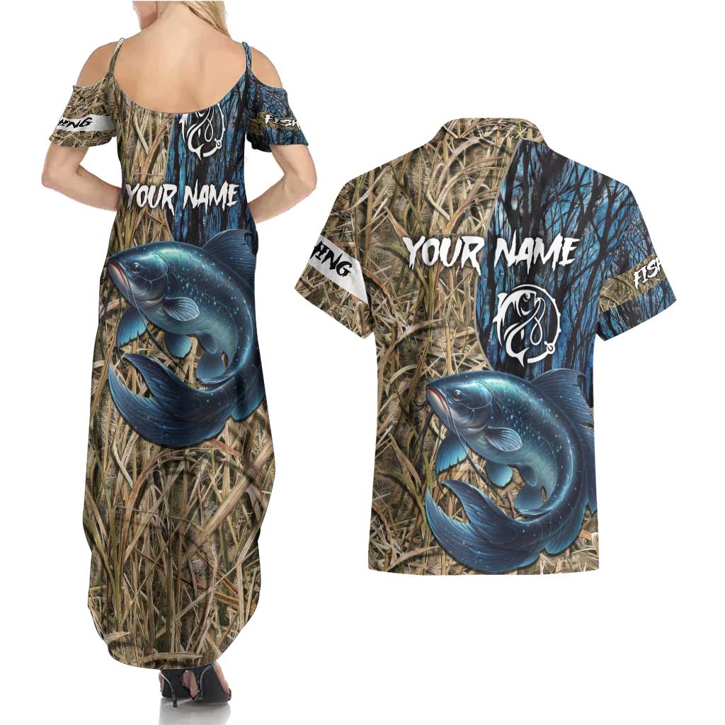 Catfish Fishing Personalized Couples Matching Summer Maxi Dress and Hawaiian Shirt Blue Bass and Camo Reeds Background - Wonder Print Shop