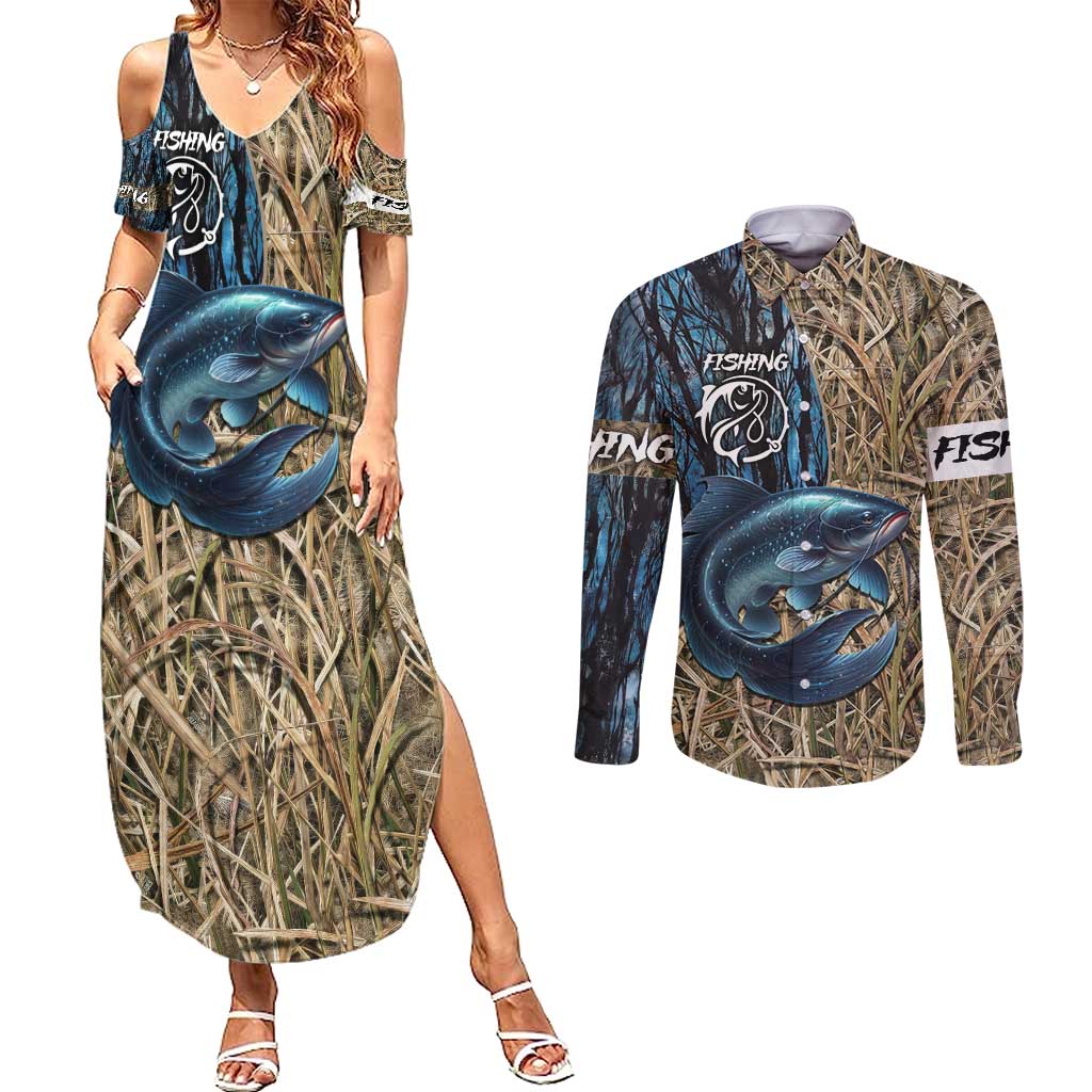 Catfish Fishing Personalized Couples Matching Summer Maxi Dress and Long Sleeve Button Shirt Blue Bass and Camo Reeds Background - Wonder Print Shop