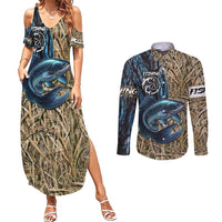 Catfish Fishing Personalized Couples Matching Summer Maxi Dress and Long Sleeve Button Shirt Blue Bass and Camo Reeds Background - Wonder Print Shop