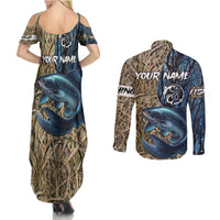 Catfish Fishing Personalized Couples Matching Summer Maxi Dress and Long Sleeve Button Shirt Blue Bass and Camo Reeds Background - Wonder Print Shop