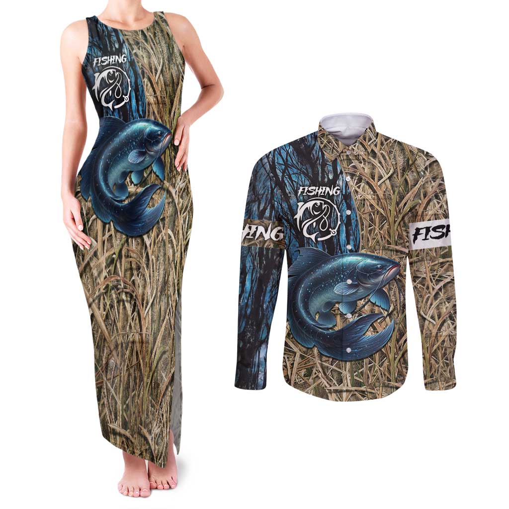 Catfish Fishing Personalized Couples Matching Tank Maxi Dress and Long Sleeve Button Shirt Blue Bass and Camo Reeds Background - Wonder Print Shop