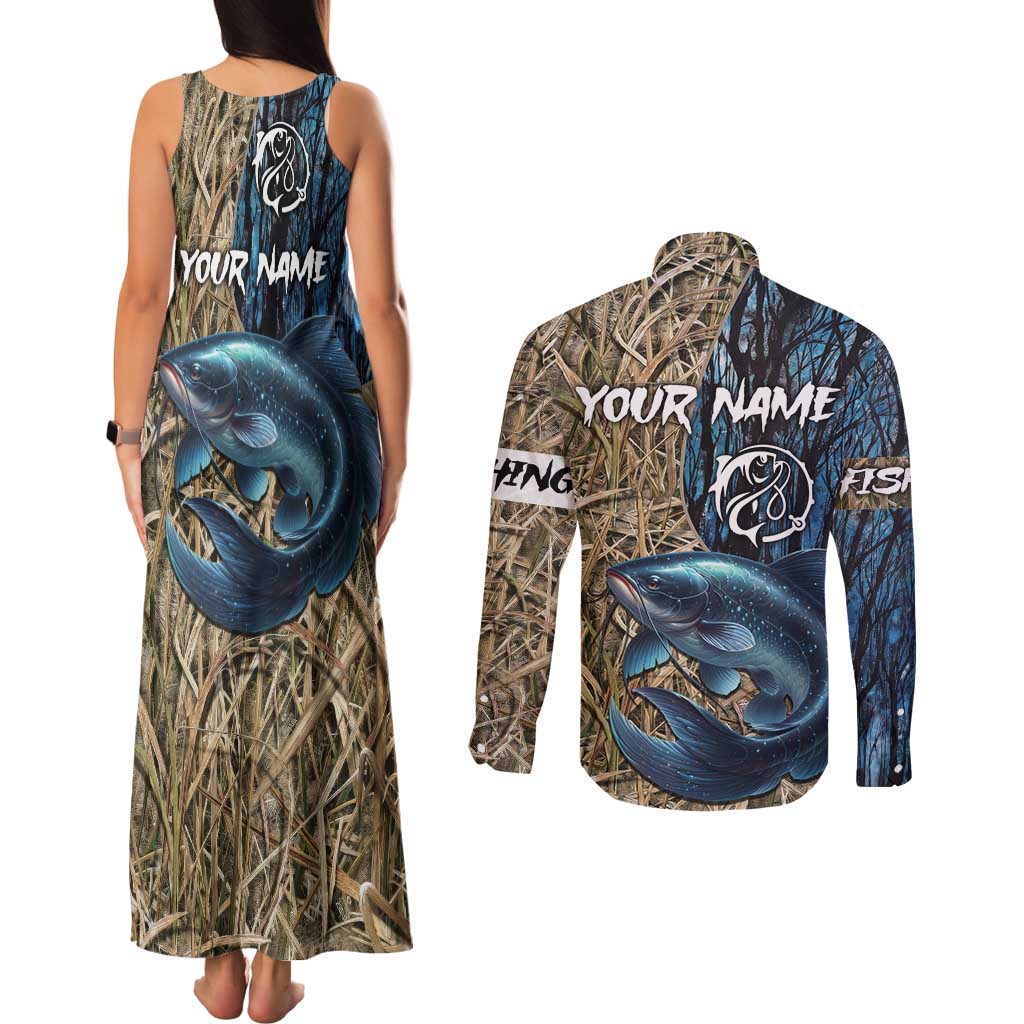Catfish Fishing Personalized Couples Matching Tank Maxi Dress and Long Sleeve Button Shirt Blue Bass and Camo Reeds Background - Wonder Print Shop