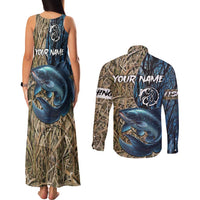 Catfish Fishing Personalized Couples Matching Tank Maxi Dress and Long Sleeve Button Shirt Blue Bass and Camo Reeds Background - Wonder Print Shop