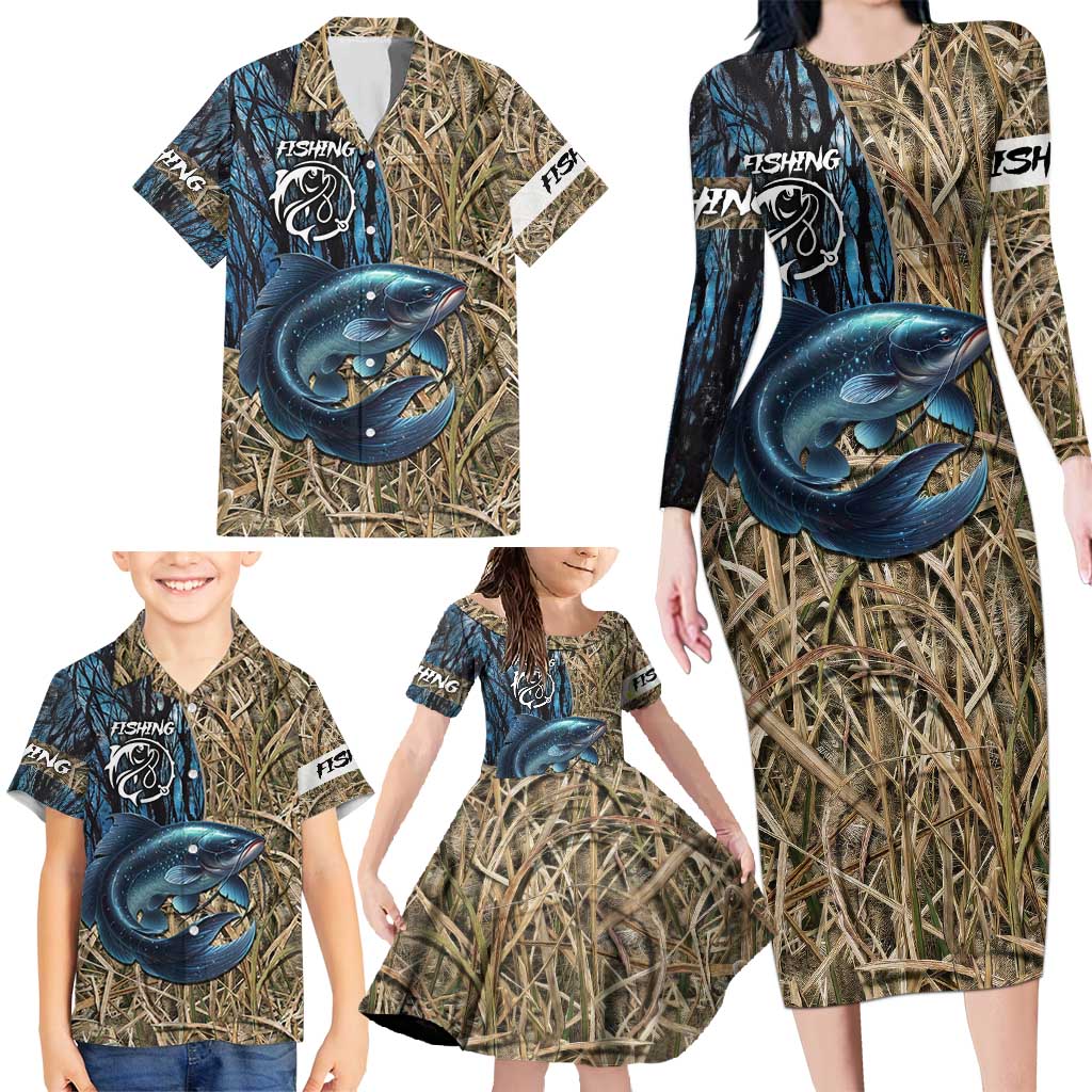 Catfish Fishing Personalized Family Matching Long Sleeve Bodycon Dress and Hawaiian Shirt Blue Bass and Camo Reeds Background - Wonder Print Shop