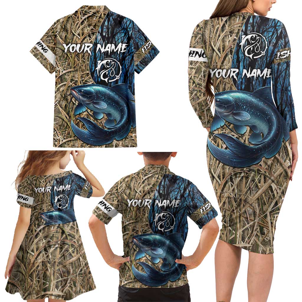Catfish Fishing Personalized Family Matching Long Sleeve Bodycon Dress and Hawaiian Shirt Blue Bass and Camo Reeds Background - Wonder Print Shop