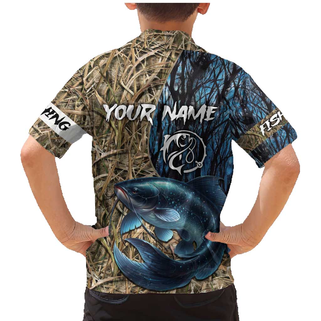 Catfish Fishing Personalized Family Matching Mermaid Dress and Hawaiian Shirt Blue Bass and Camo Reeds Background - Wonder Print Shop