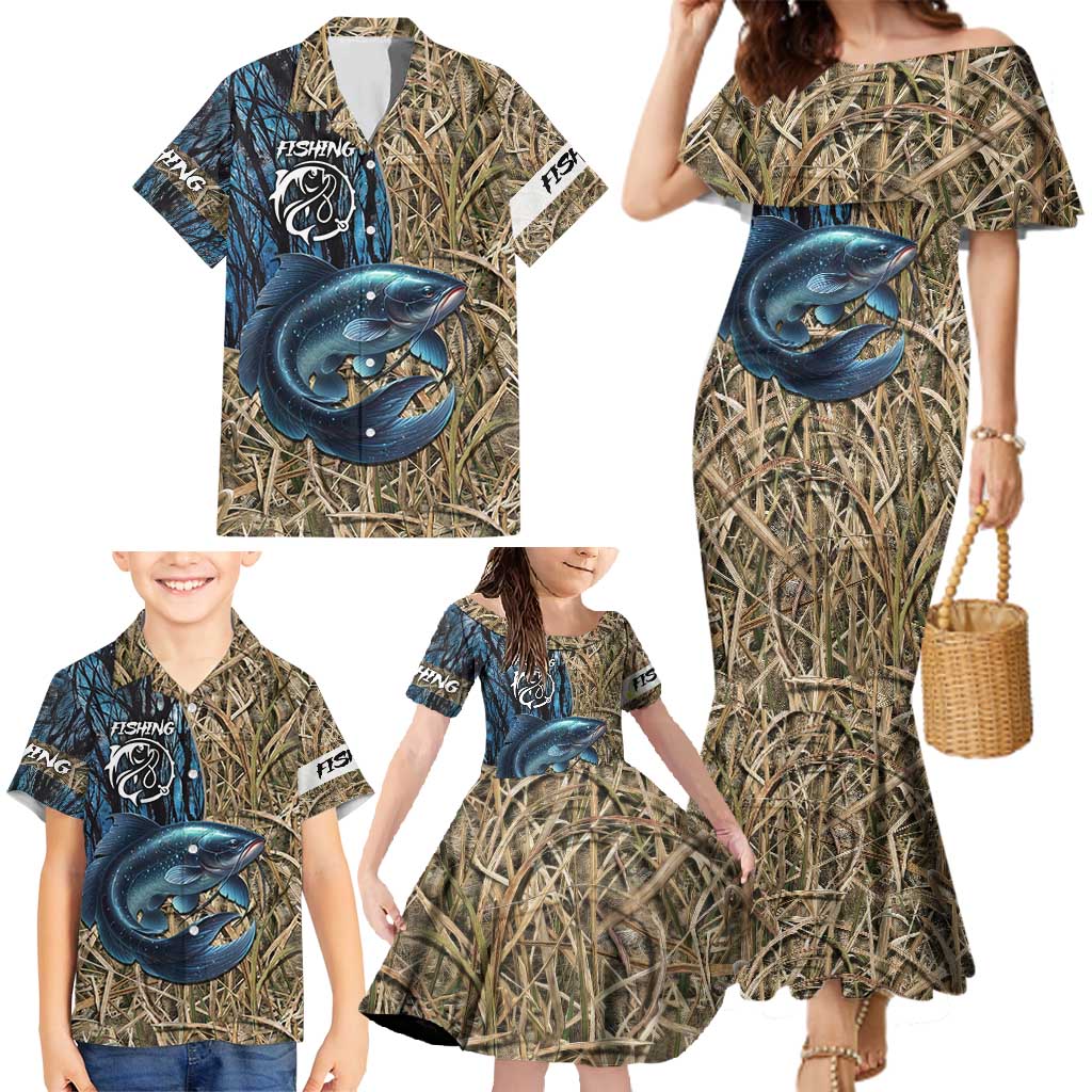 Catfish Fishing Personalized Family Matching Mermaid Dress and Hawaiian Shirt Blue Bass and Camo Reeds Background - Wonder Print Shop