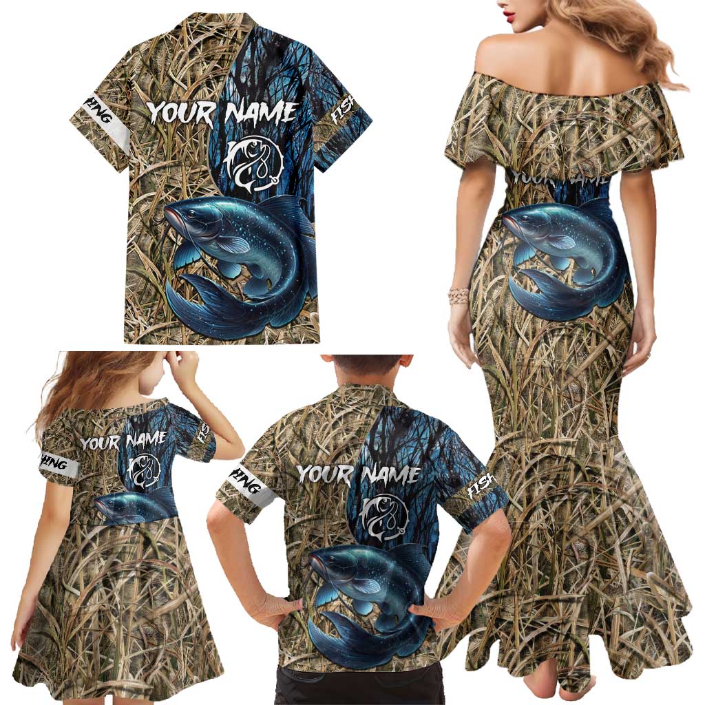 Catfish Fishing Personalized Family Matching Mermaid Dress and Hawaiian Shirt Blue Bass and Camo Reeds Background - Wonder Print Shop