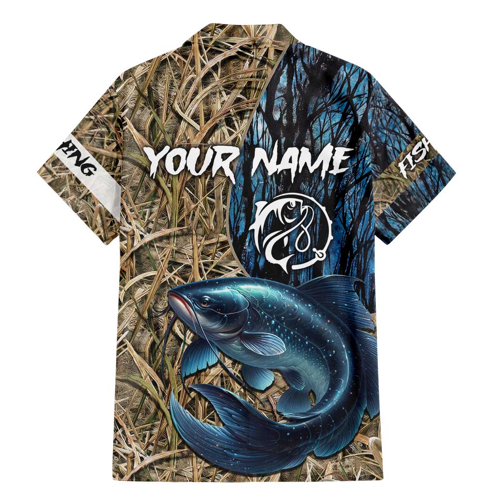 Catfish Fishing Personalized Family Matching Mermaid Dress and Hawaiian Shirt Blue Bass and Camo Reeds Background - Wonder Print Shop