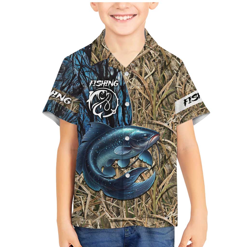 Catfish Fishing Personalized Family Matching Mermaid Dress and Hawaiian Shirt Blue Bass and Camo Reeds Background - Wonder Print Shop