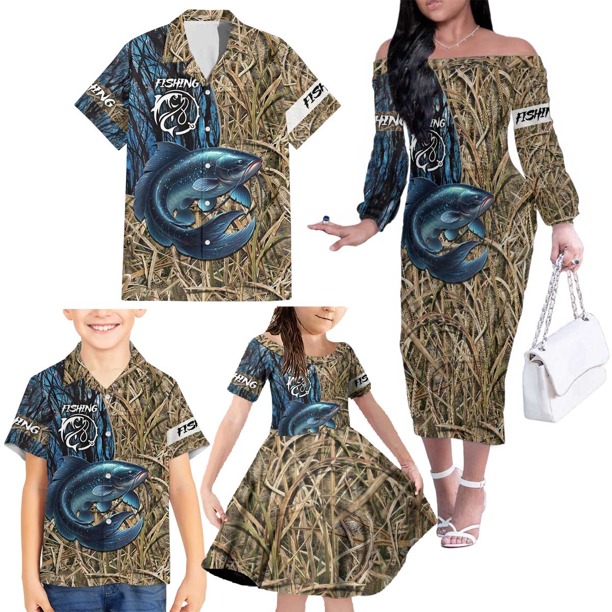 Catfish Fishing Personalized Family Matching Off The Shoulder Long Sleeve Dress and Hawaiian Shirt Blue Bass and Camo Reeds Background - Wonder Print Shop