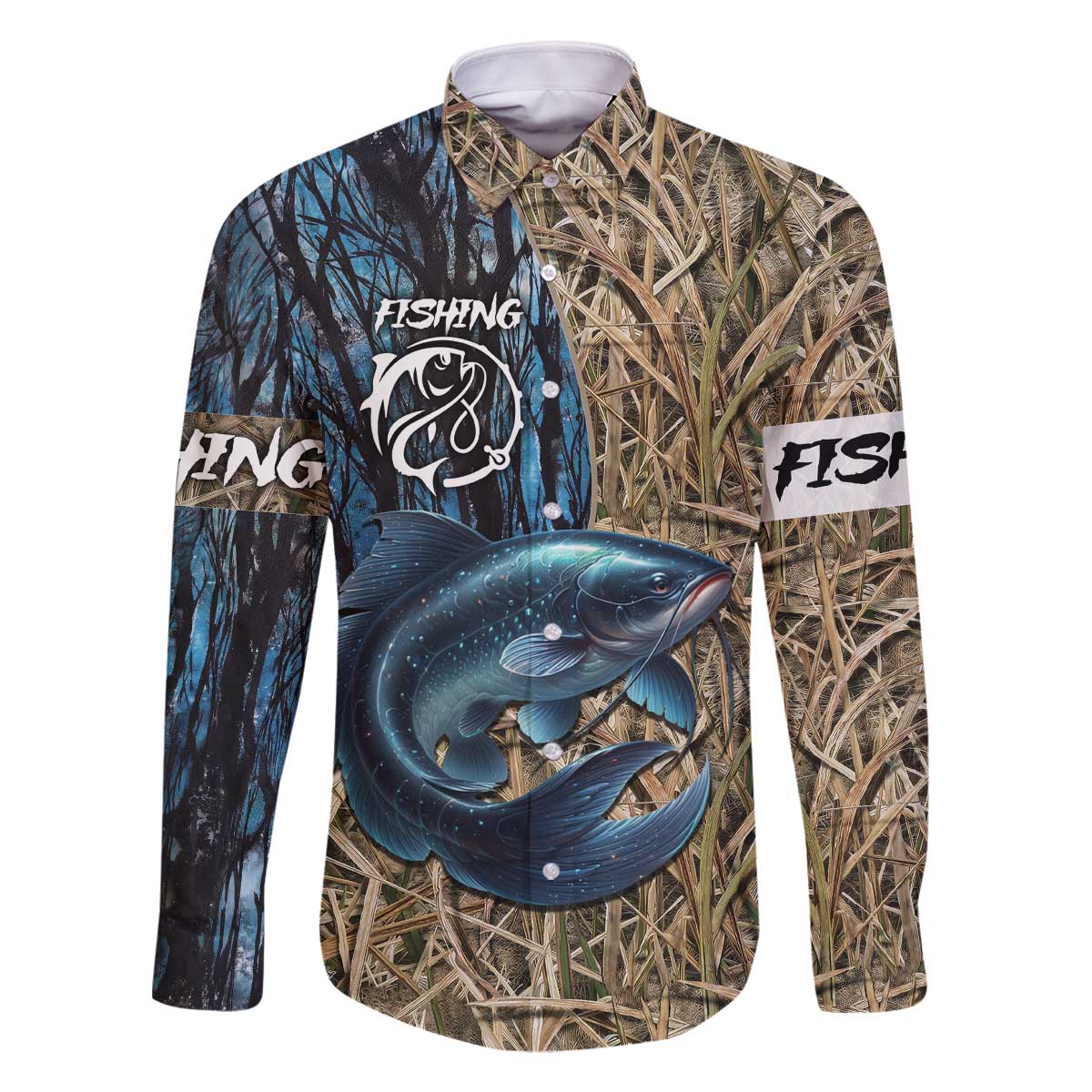 Catfish Fishing Personalized Family Matching Off The Shoulder Long Sleeve Dress and Hawaiian Shirt Blue Bass and Camo Reeds Background - Wonder Print Shop