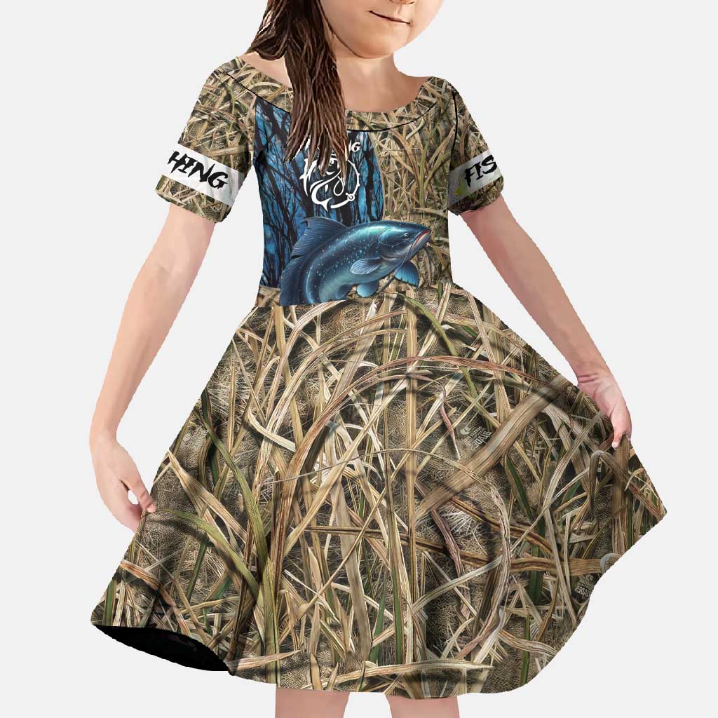 Catfish Fishing Personalized Family Matching Off Shoulder Maxi Dress and Hawaiian Shirt Blue Bass and Camo Reeds Background - Wonder Print Shop