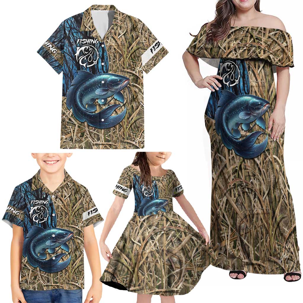 Catfish Fishing Personalized Family Matching Off Shoulder Maxi Dress and Hawaiian Shirt Blue Bass and Camo Reeds Background - Wonder Print Shop